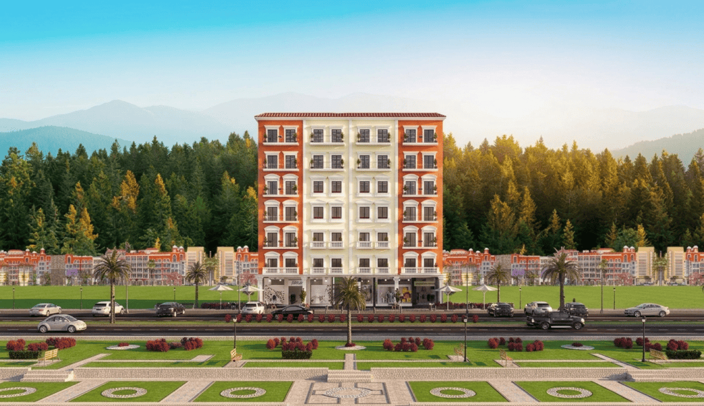 Modern residential building in a scenic landscape.