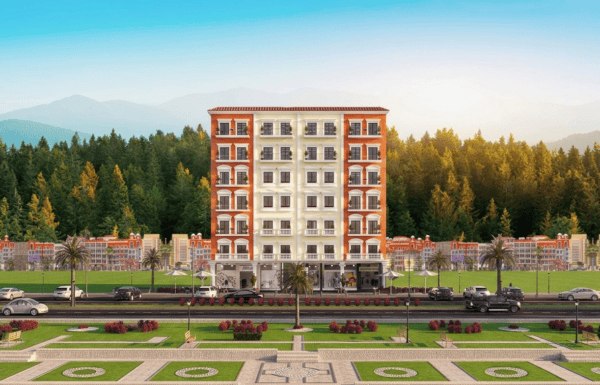 Modern residential building in a scenic landscape.