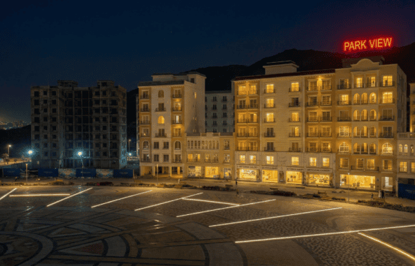 Night view of a modern city with illuminated buildings and "Park View" sign in red neon.