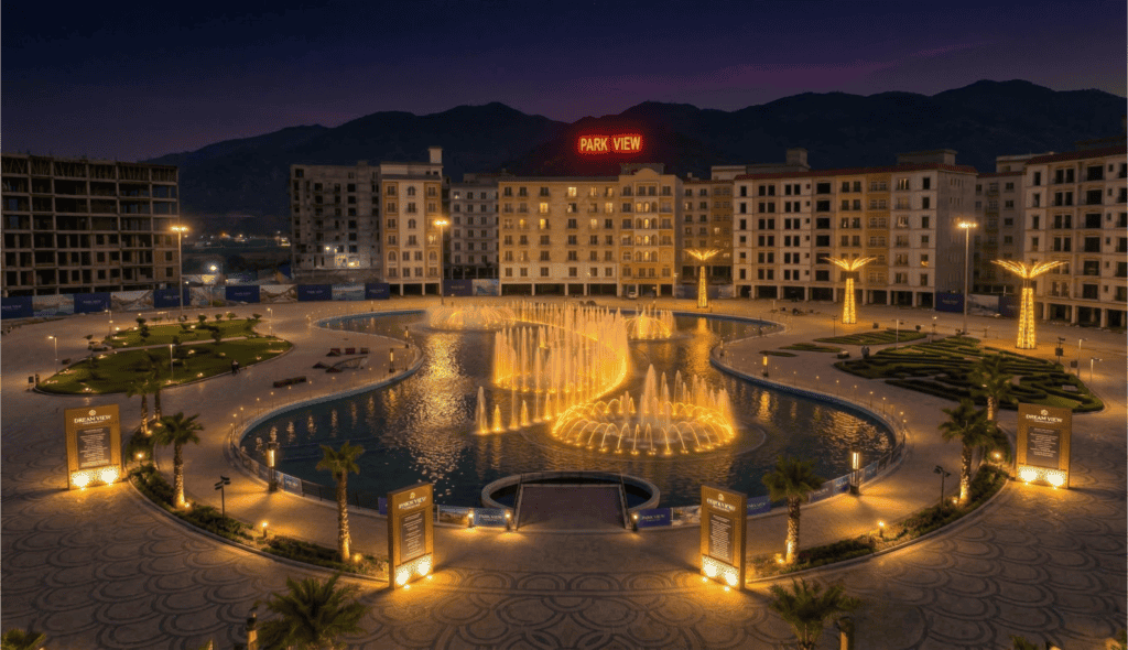 Fountain view at Park View residential complex during night.