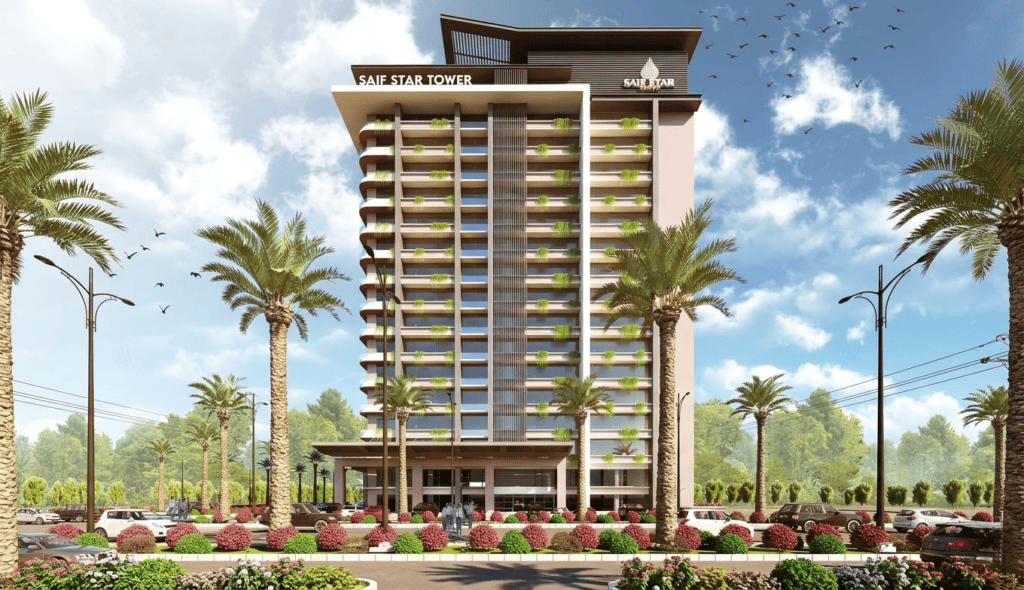 Modern residential tower with lush landscaping and palm trees in front.