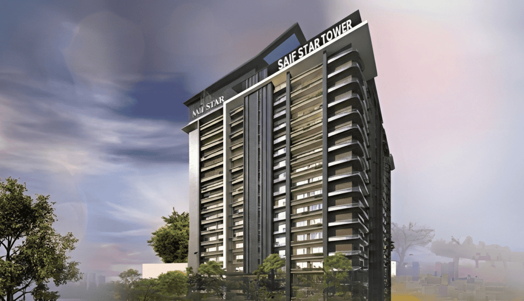 Modern high-rise building with sleek design and glass facade.